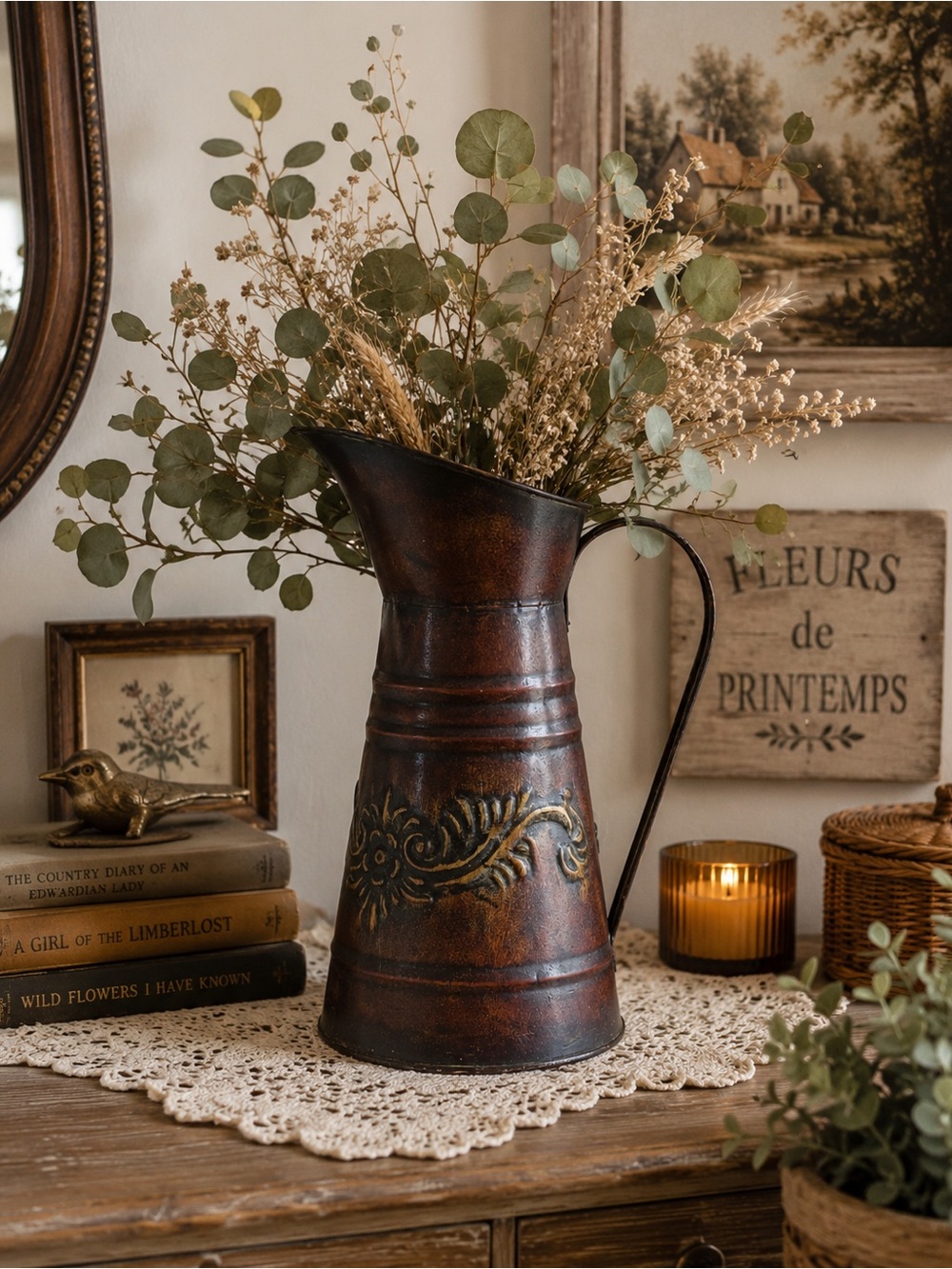 Embossed Metal Pitcher Rustic Farmhouse Cottage Decor Vase 12 Inch Tall